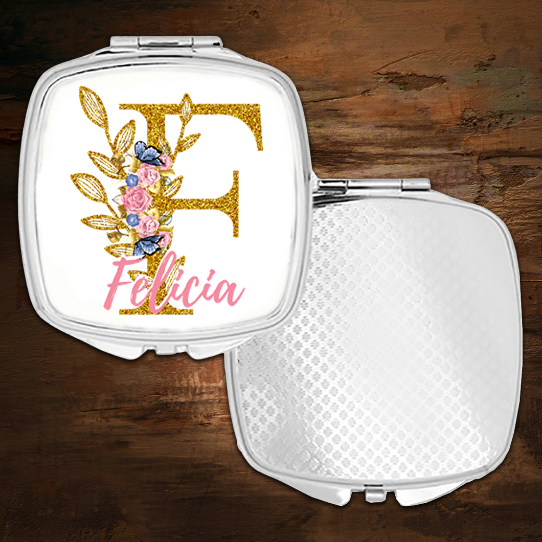 Compact Mirror with Gold Monogram, Floral Accent, and Pink Name