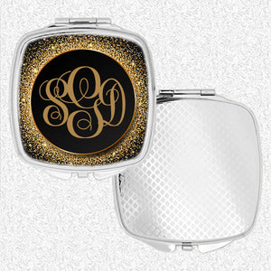 Black and gold sparkle with gold monogram Compact Mirror