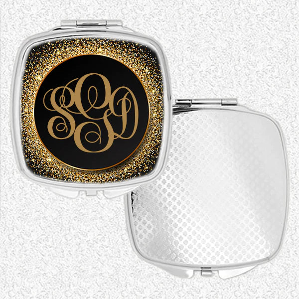 Black and gold sparkle with gold monogram Compact Mirror