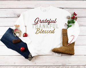 Grateful, Thankful, Blessed Christmas Sweatshirt - Buffalo Plaid and Leopard