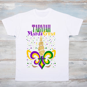 Mardi Gras Unicorn Head T-Shirt with Name