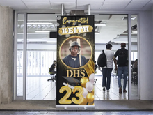 Load image into Gallery viewer, Black and Gold Sports Graduate Retractable Banner -33.5&quot; x 78.7&quot;